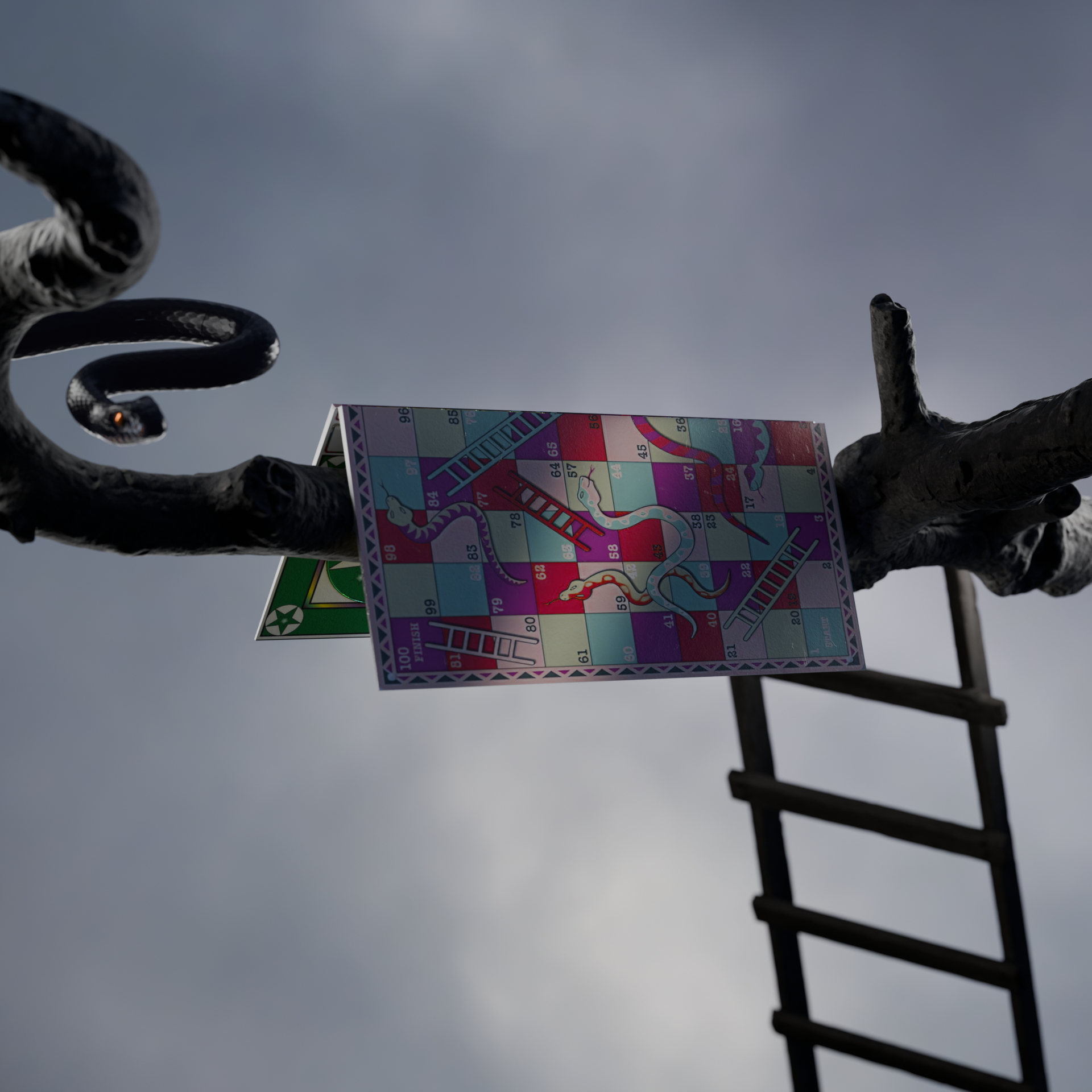 A ladder leaning against a branch of a tree with a colorful board game attached to the branch. The background is cloudy sky.