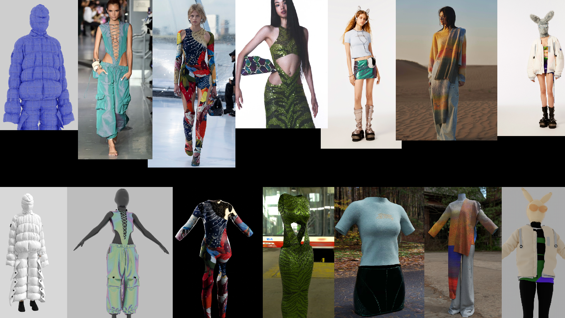 A collage of fashion models and clothing displays, including puffer jackets, colorful dresses, and casual outfits, with some models wearing accessories like sunglasses and boots, set in various environments such as runway, urban, sea, desert, and forest scenes.