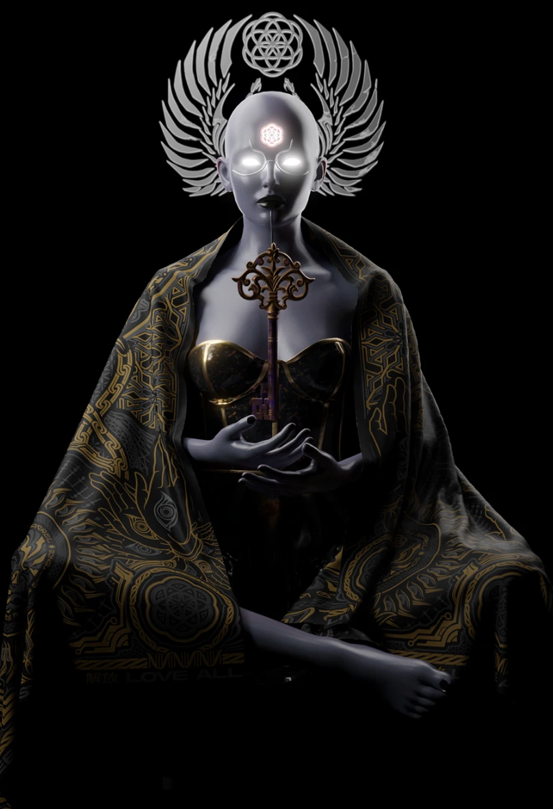A futuristic, gothic woman with a bald head and glowing eyes, holding an ornate key, with glowing symbols on her forehead and a halo-like structure with geometric patterns behind her head, draped in a black and gold patterned cloth.