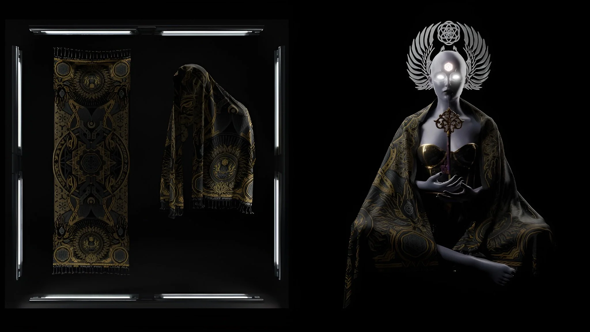 A dark room displays a clothing display on the left, including a jacket and a tapestry, both with black and gold designs. On the right, a mannequin with a silver face, glowing eyes, and an ornate headpiece holds a golden object, draped in gold and black fabric.