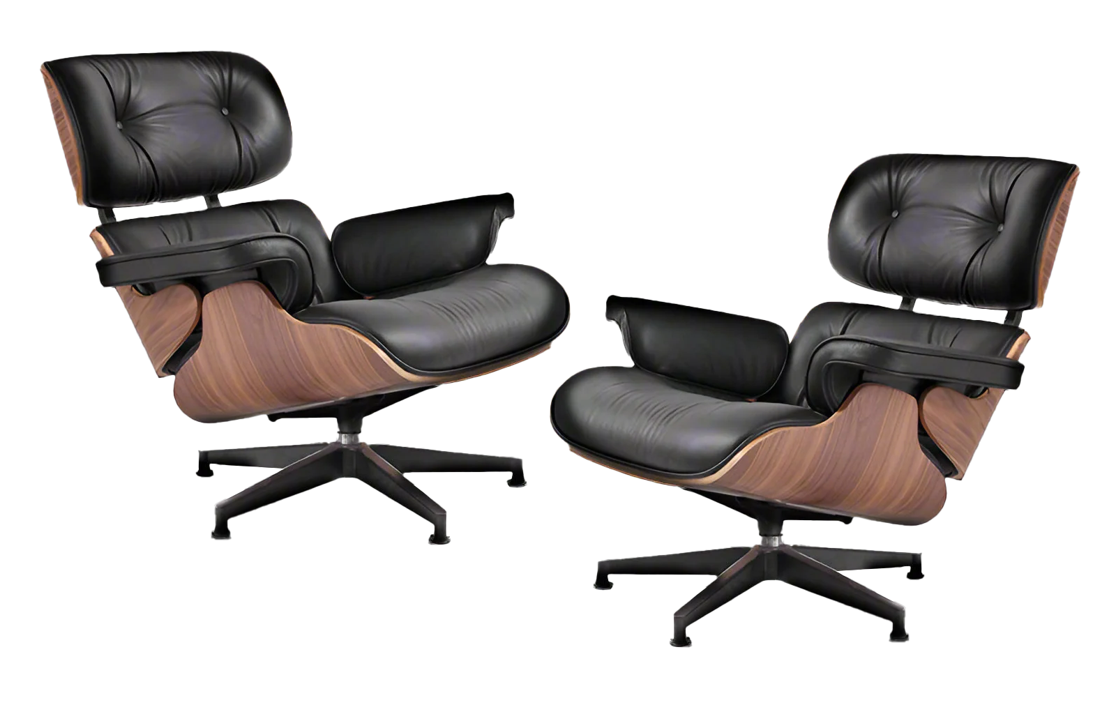 Two mid-century modern chairs with black leather cushions, wooden frames, and black metal bases facing each other.