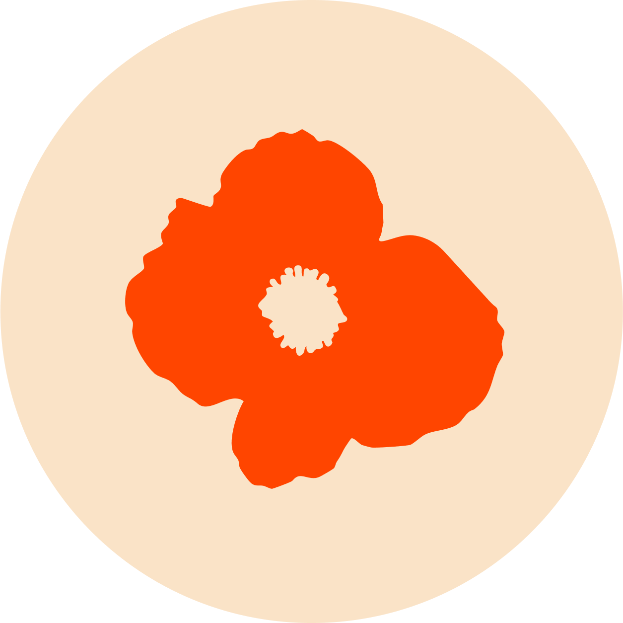 Illustration of a red poppy flower with a beige background and dark outer circle.
