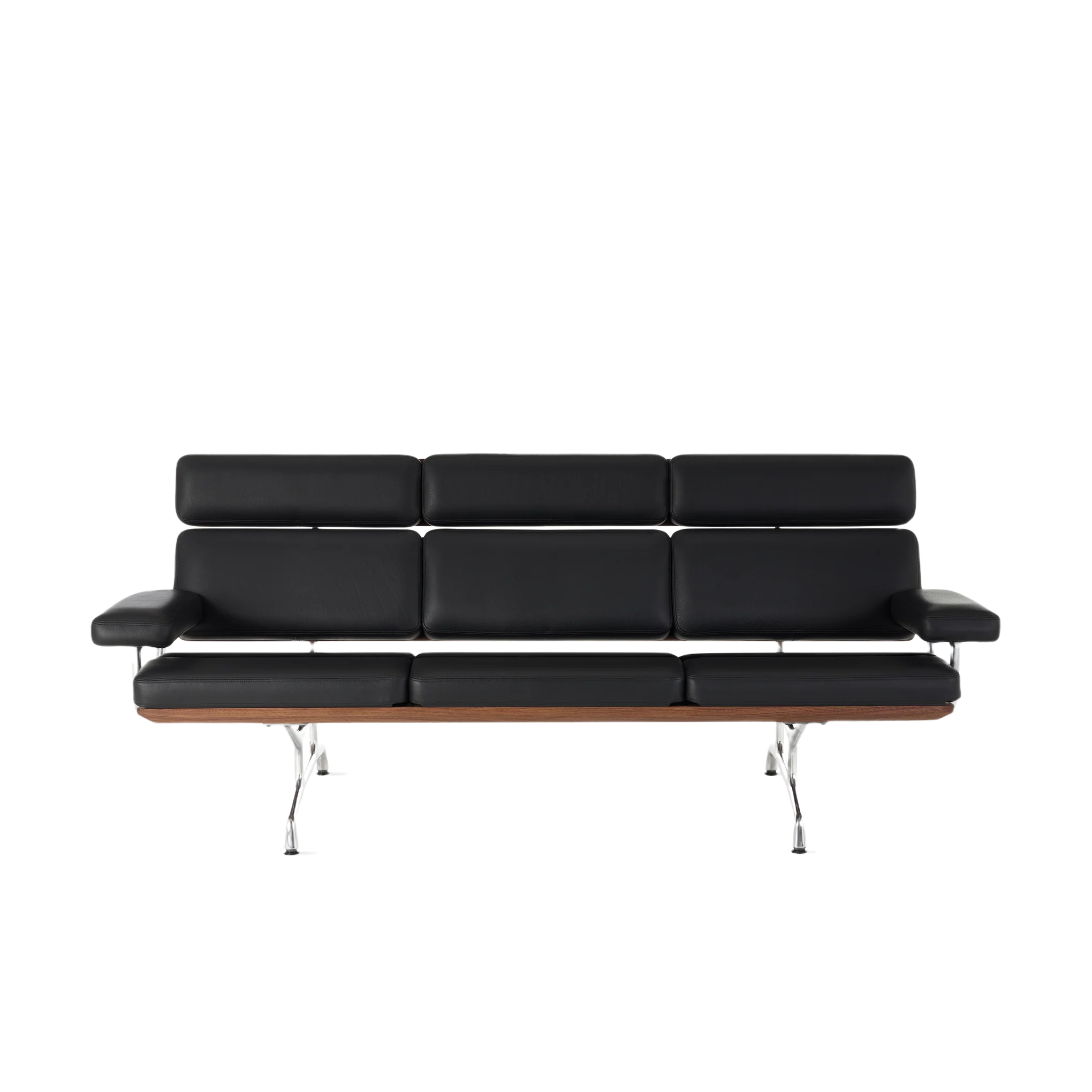 A modern black leather sofa with chrome legs and a wooden base, set against a white background.