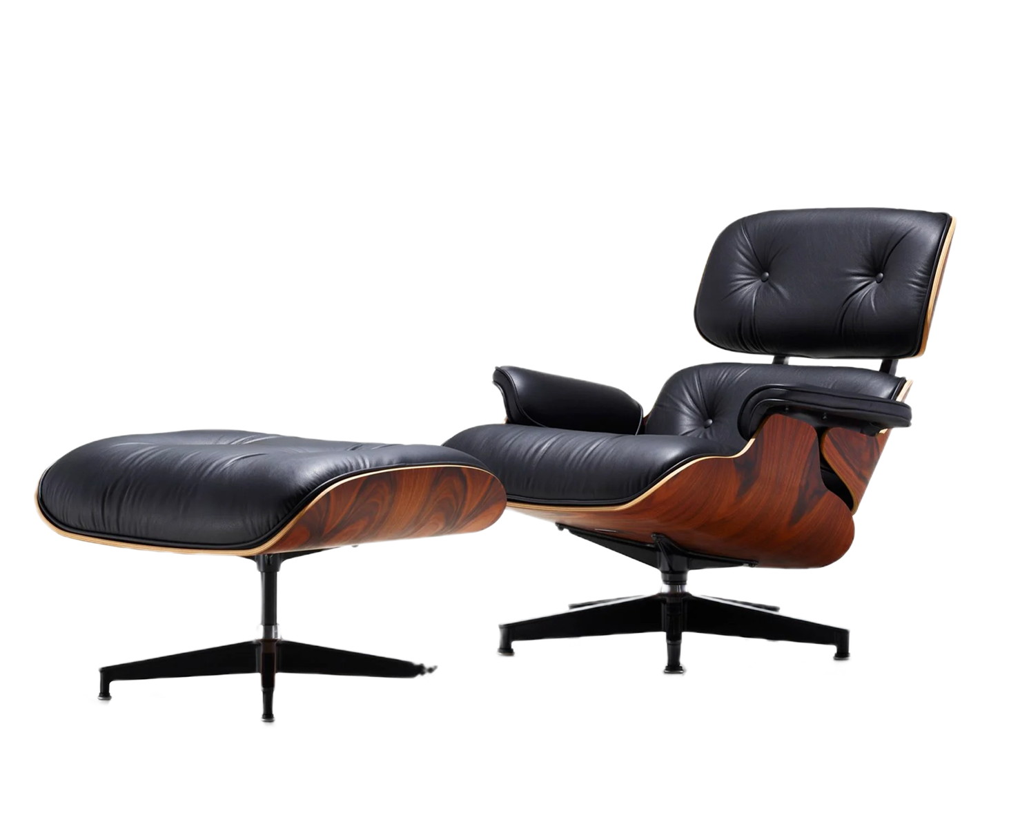 A black leather lounge chair with matching ottoman, featuring a wooden body and black metal stand.