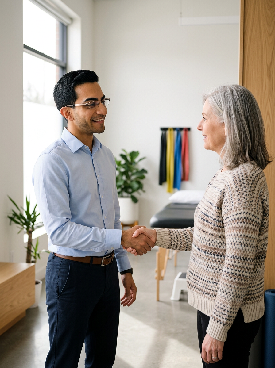 A young man and an older woman shaking hands in a well-lit room, possibly a therapy or rehabilitation center, with exercise bands hanging on the wall behind them.