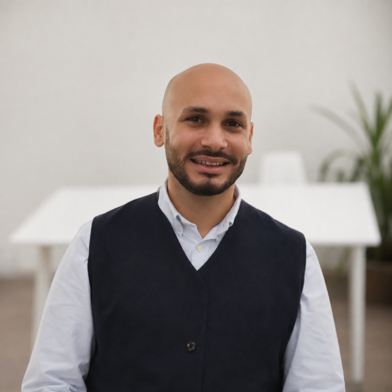 A smiling man with a bald head and beard wearing a white collared shirt and a dark vest, indoors near a white table and a plant.
