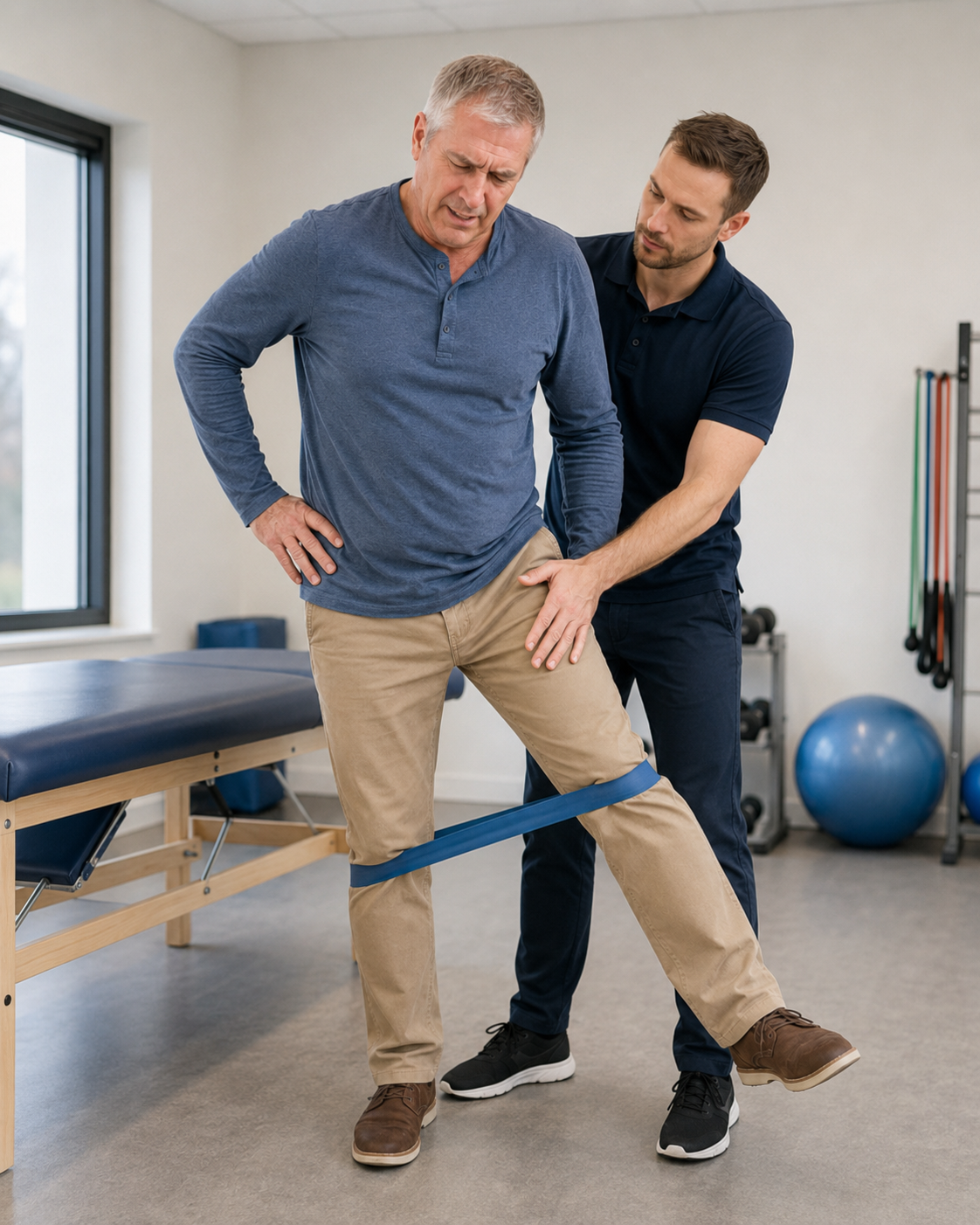 A physical therapist demonstrating a leg exercise to an older man using a resistance band around his thighs, in a therapy room with exercise equipment.