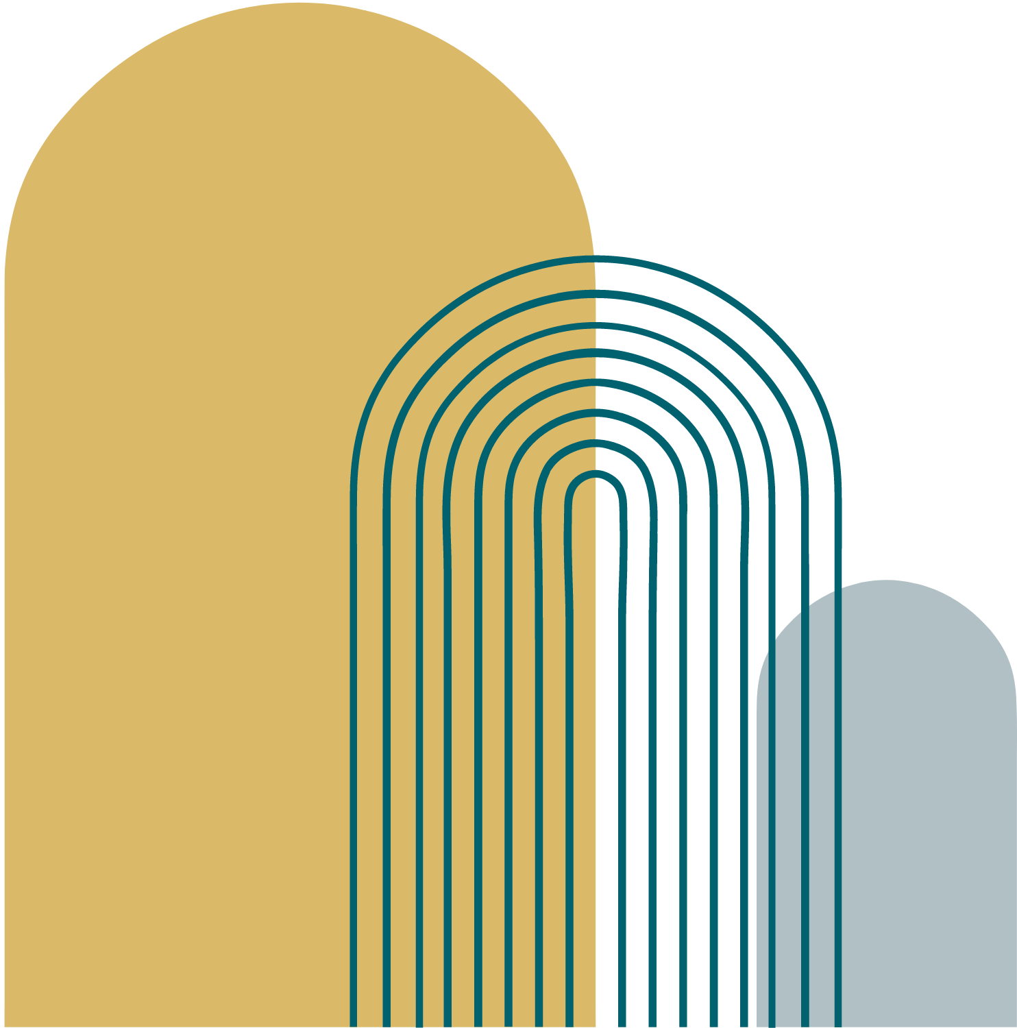 Abstract geometric design with large yellow and gray rounded shapes and dark blue arches on a black background.