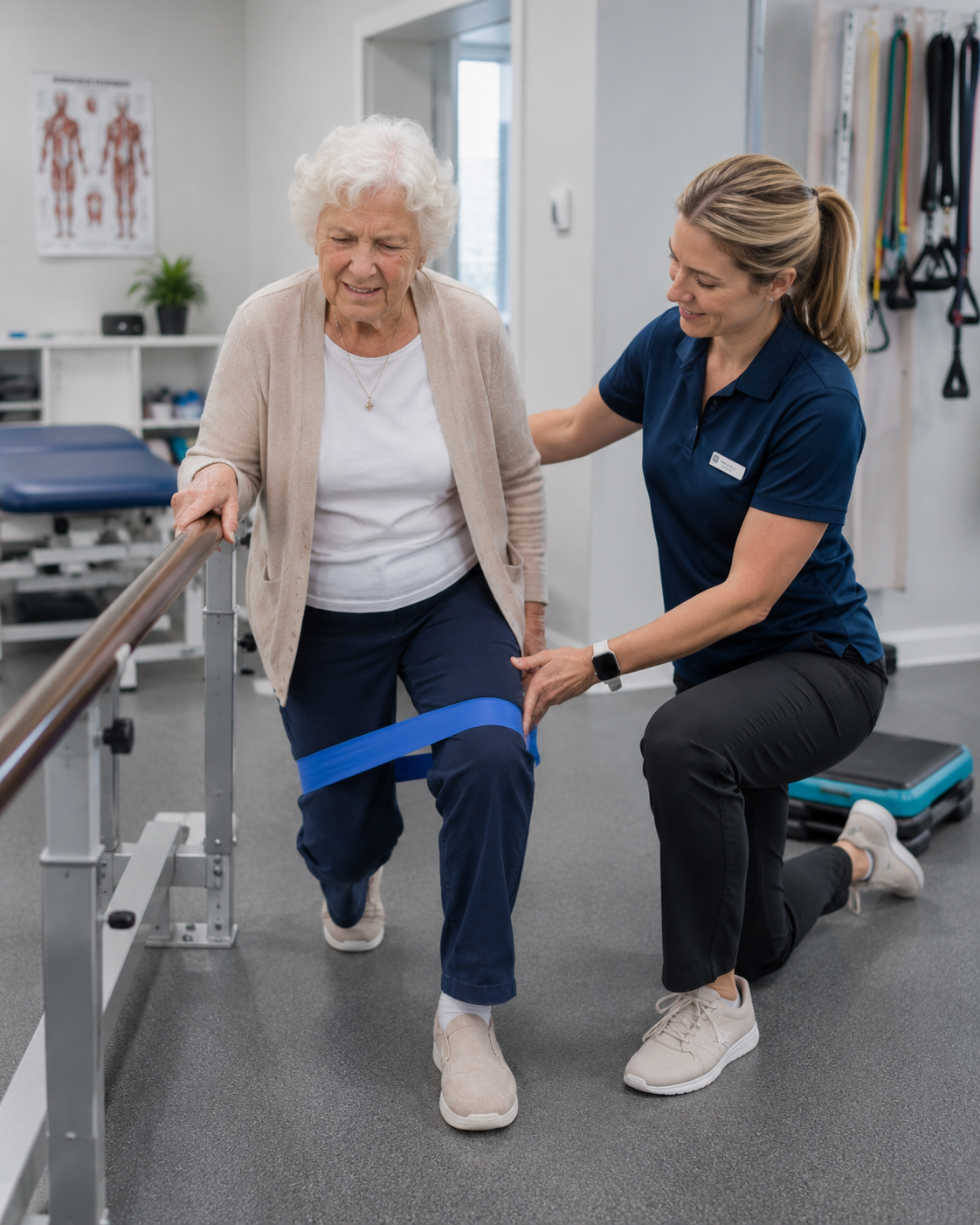 A physical therapist assists an elderly woman with knee exercise using a resistance band in a rehabilitation center.
