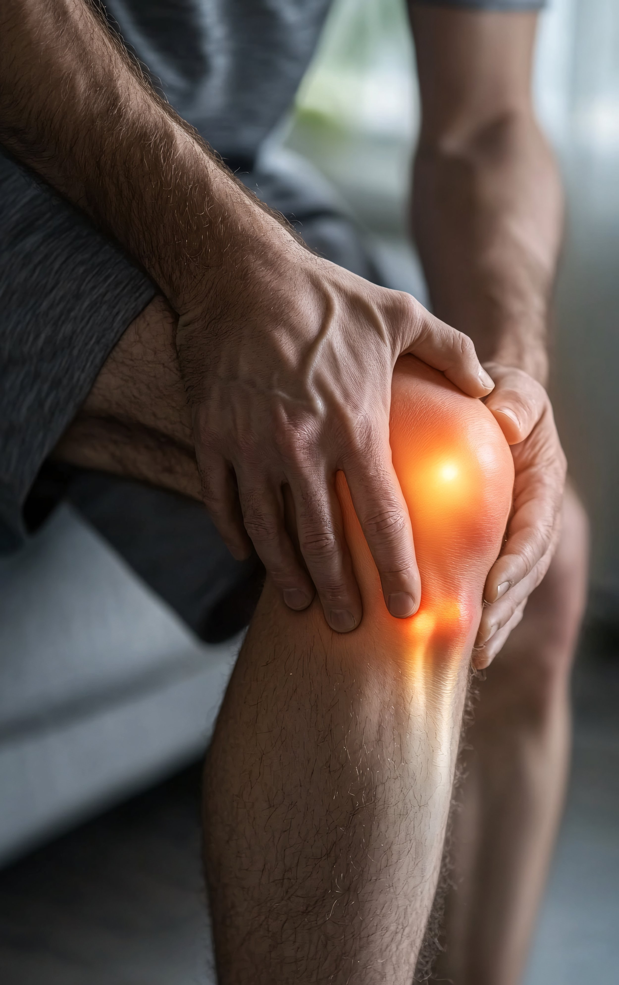 A person holding their knee with a glowing, illuminated area indicating pain or injury.