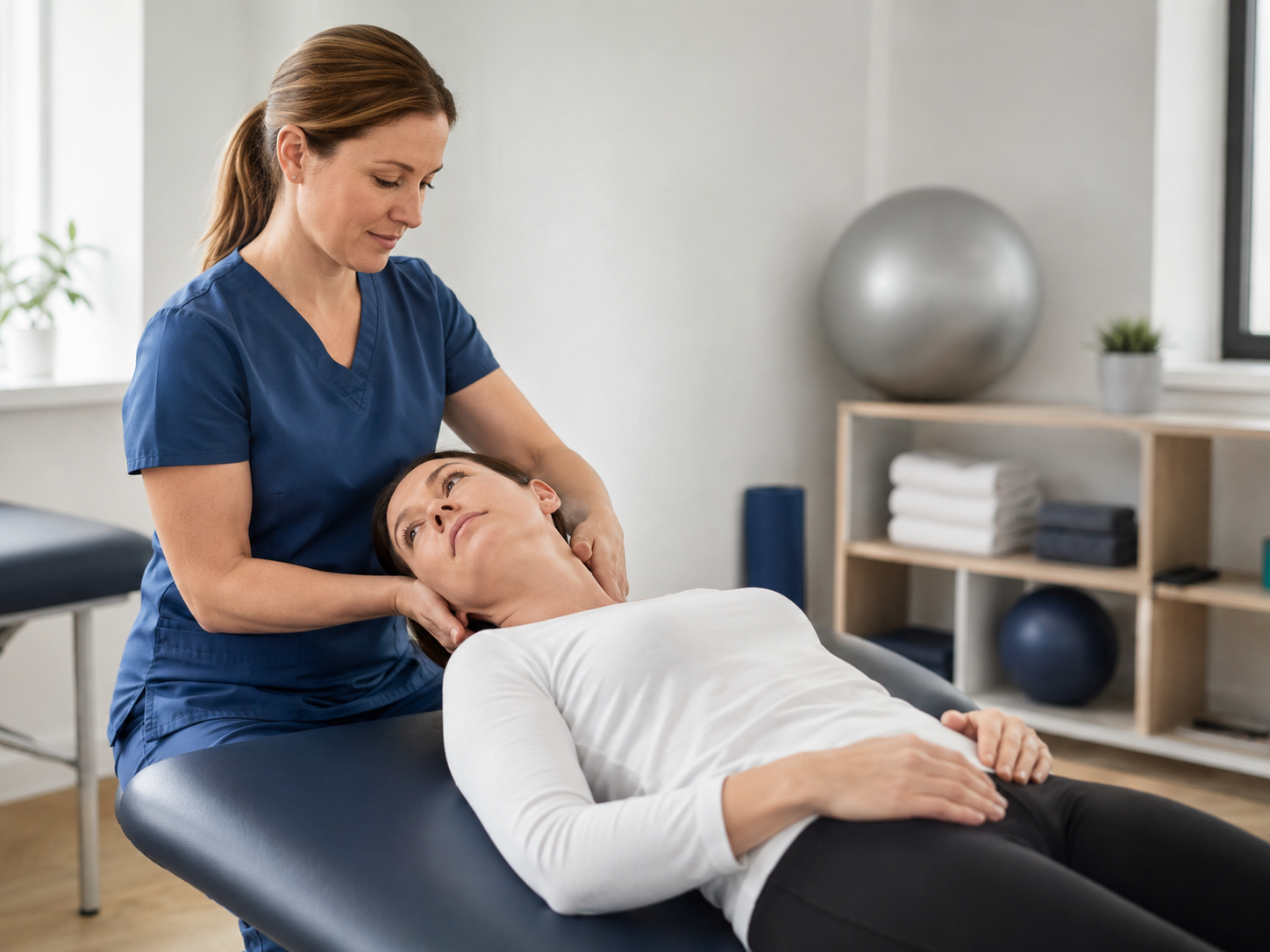 Healthcare professional in blue uniform performing neck therapy on a woman lying on a treatment table in a clinic.