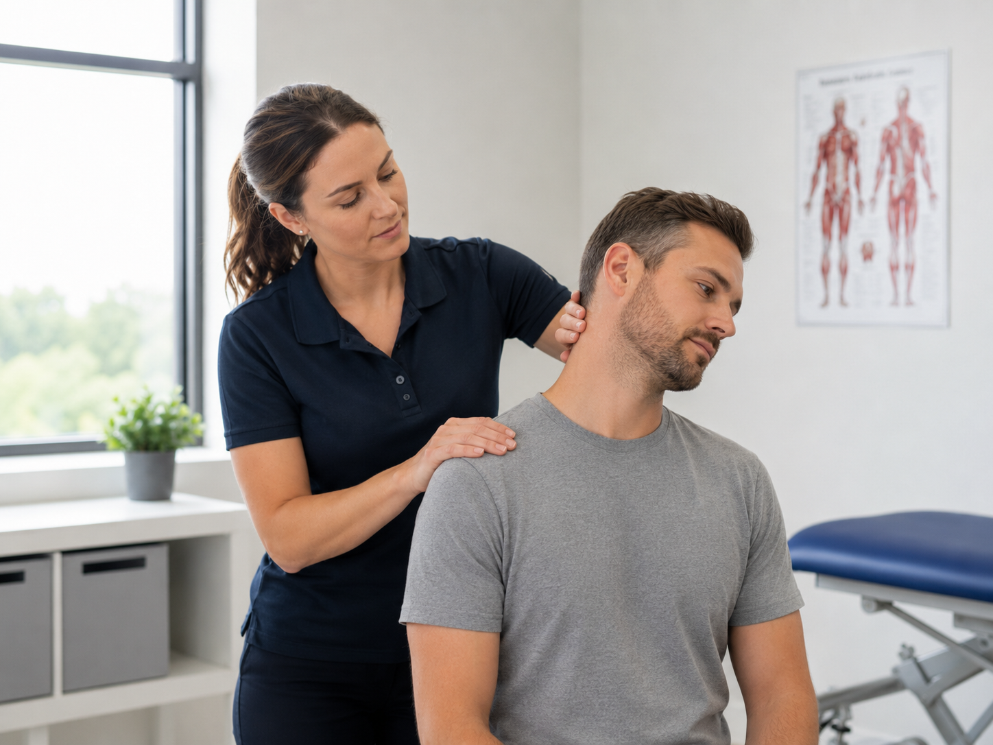 A woman providing neck therapy to a man in a clinical setting, with medical posters on the wall and a treatment table in the background.