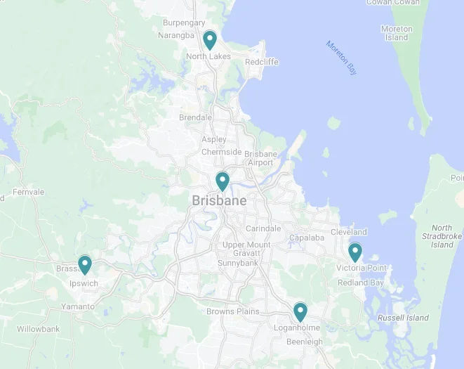 Map of Brisbane, Australia, highlighting five locations: North Lakes, Redcliffe, Brisbane, Cleveland, and Loganholme.