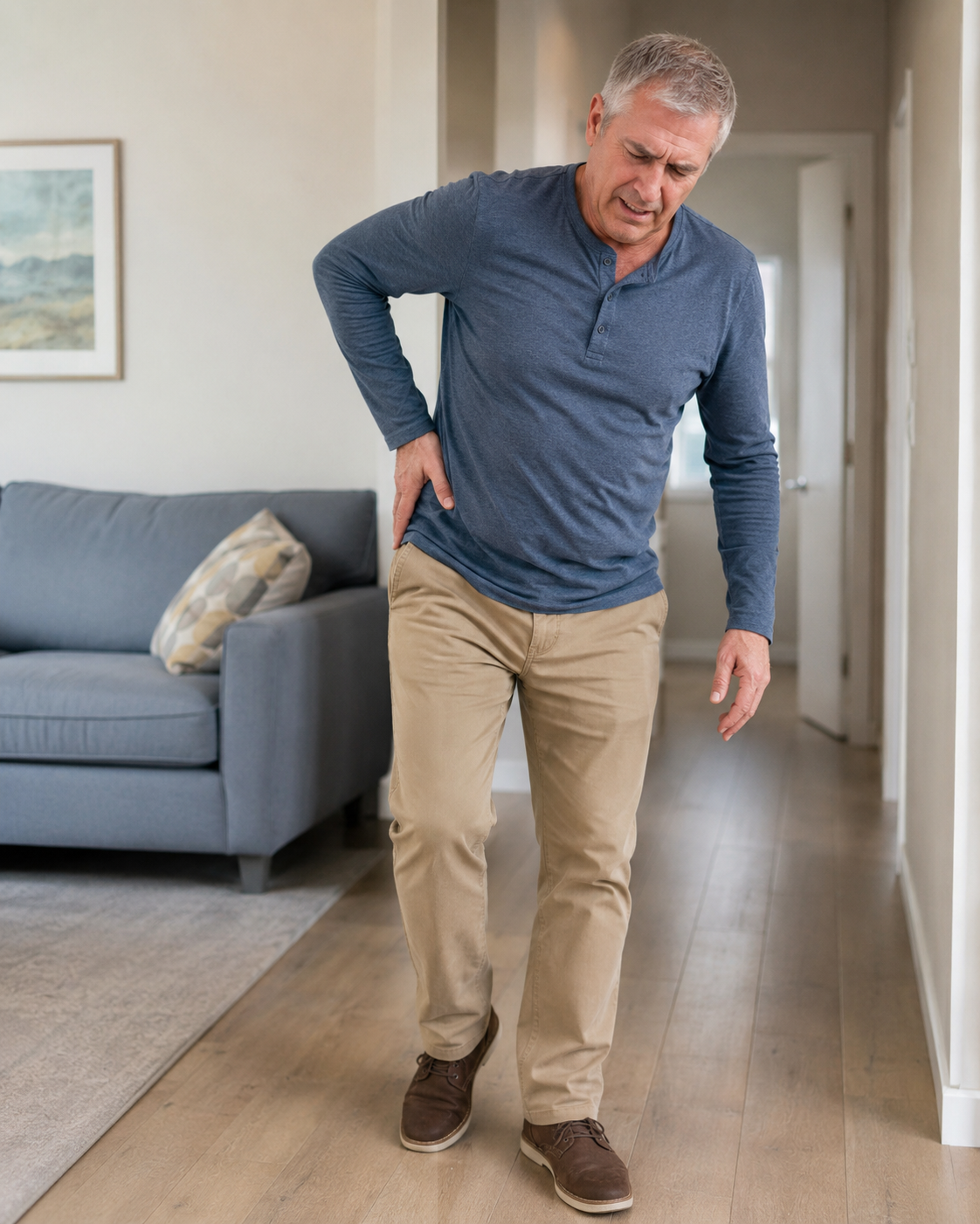 Older man with gray hair, wearing a blue long-sleeve shirt and beige pants, holding his back in pain while walking through a living room.