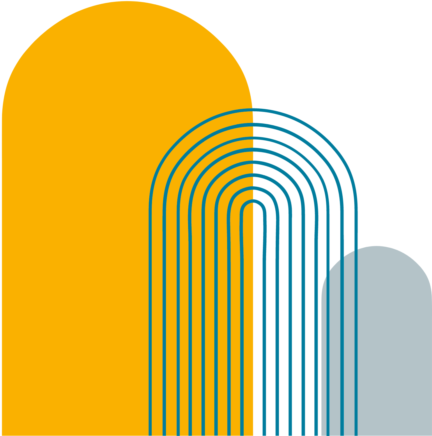 Abstract digital art featuring large yellow, gray, and black geometric shapes with blue arching lines.