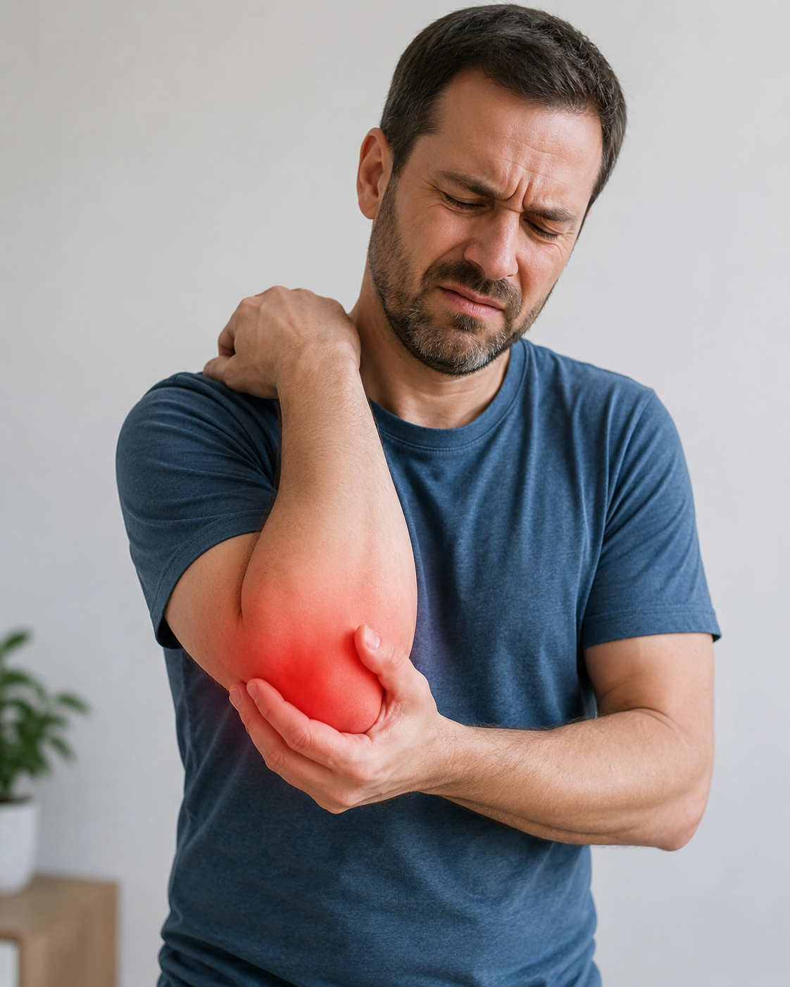 Man experiencing shoulder pain, holding his right shoulder with a pained expression, red area indicating discomfort.
