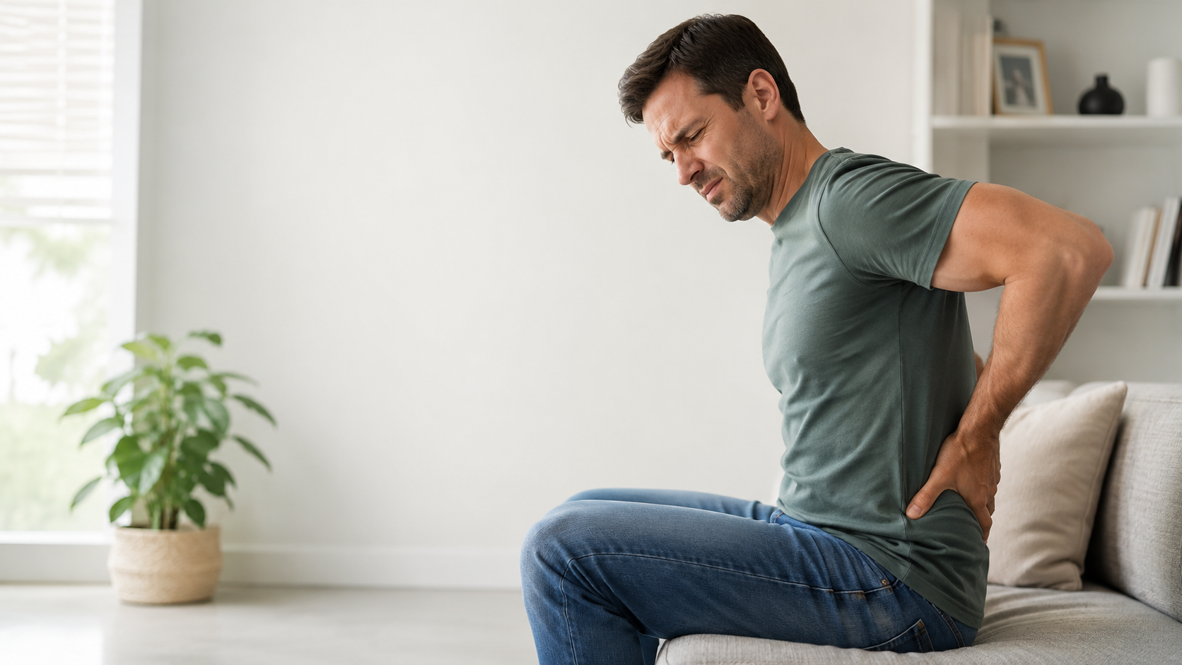 Man sitting on a sofa clutching his lower back with a pained expression, indicating back pain.
