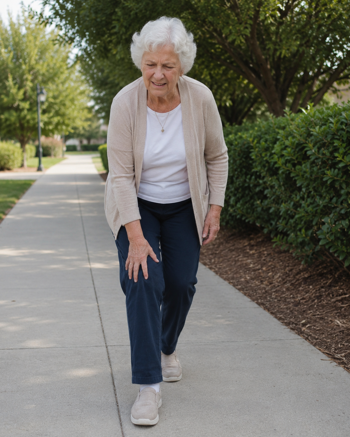 Older woman experiencing leg pain while walking on sidewalk in a park.