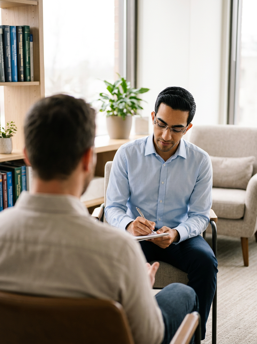 Man in light blue shirt taking notes during a counseling session with a woman in a beige shirt, in a cozy office with plants and books.