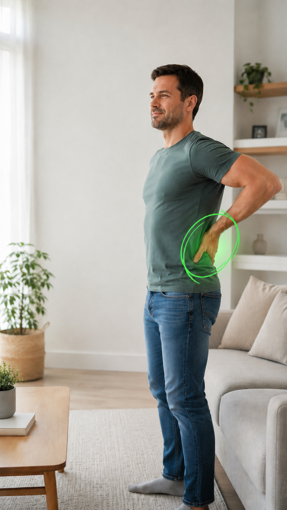 A man in a green t-shirt and jeans standing in a living room, experiencing lower back pain, holding his back with his right hand.