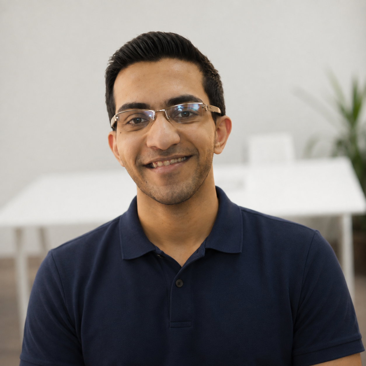 Portrait of a smiling man with glasses, wearing a navy blue polo shirt, seated indoors with a blurred white background and a green plant on the side.
