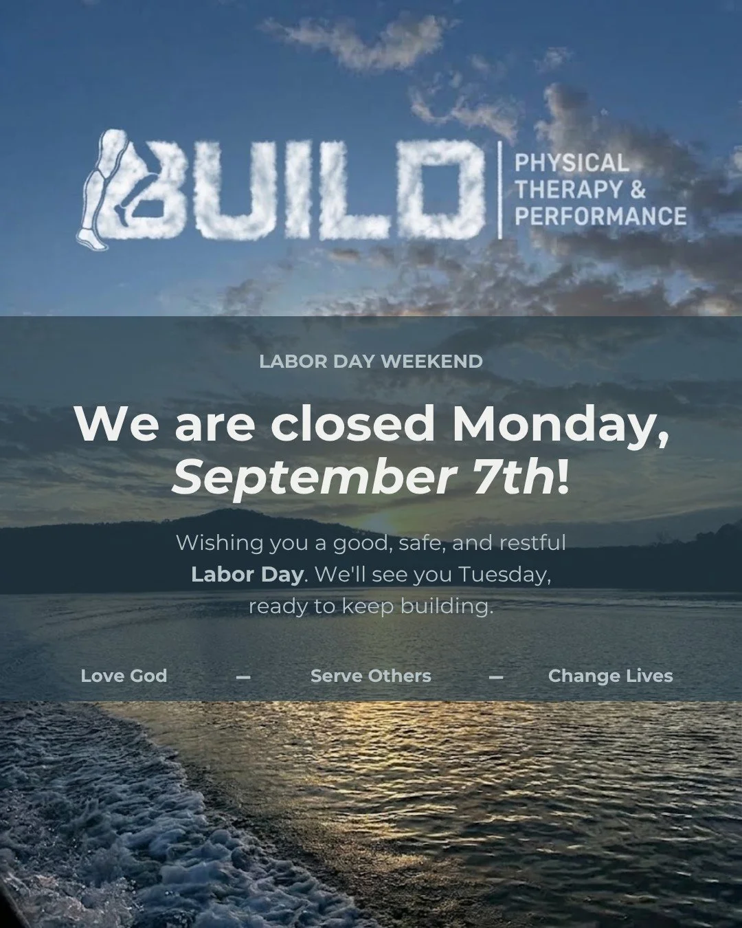 We're closed Monday, September 7th for Labor Day. Our team's taking the holiday to rest up right alongside you &mdash; we'll be back Tuesday, ready to keep building with you.

Wishing you a safe, happy Labor Day!

#BUILDPT #BuildPhysicalTherapy #Hoov