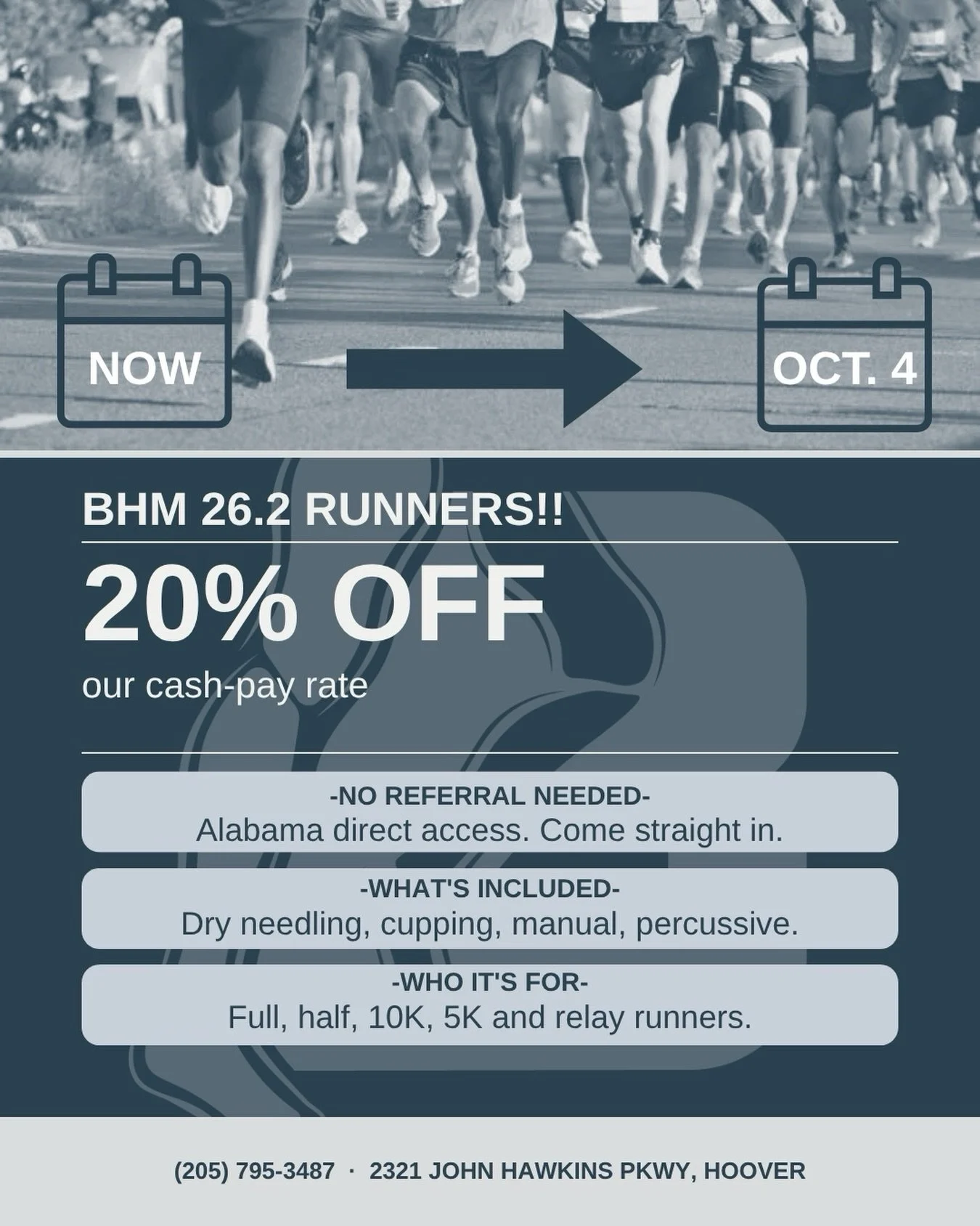 Call us before race day &mdash; 20% off your cash-pay session for anyone running BHM 26.2.

The training&rsquo;s almost done. No referral needed in Alabama &mdash; come straight in the next 2 weeks!

Watch for a recovery offer after October 4th👀
(20