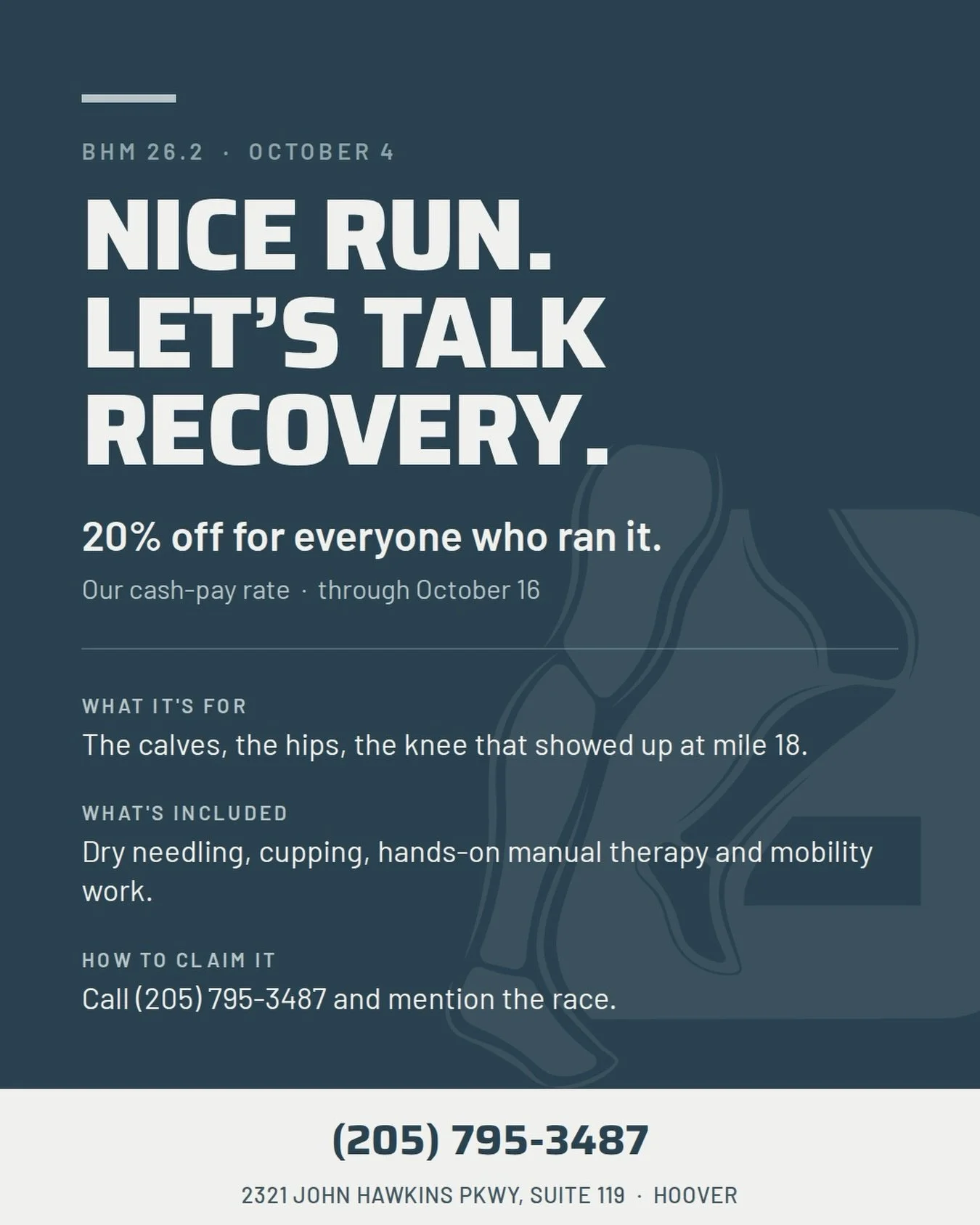 Nice run! Let&rsquo;s talk recovery.🏃🏽&zwj;♂️💨

If you ran BHM 26.2 yesterday, you&rsquo;ve got 20% off of our cash price for a session with us through October 16. Marathon, half, 10K, 5K, relay &mdash; if you were out there, it&rsquo;s yours.

Th