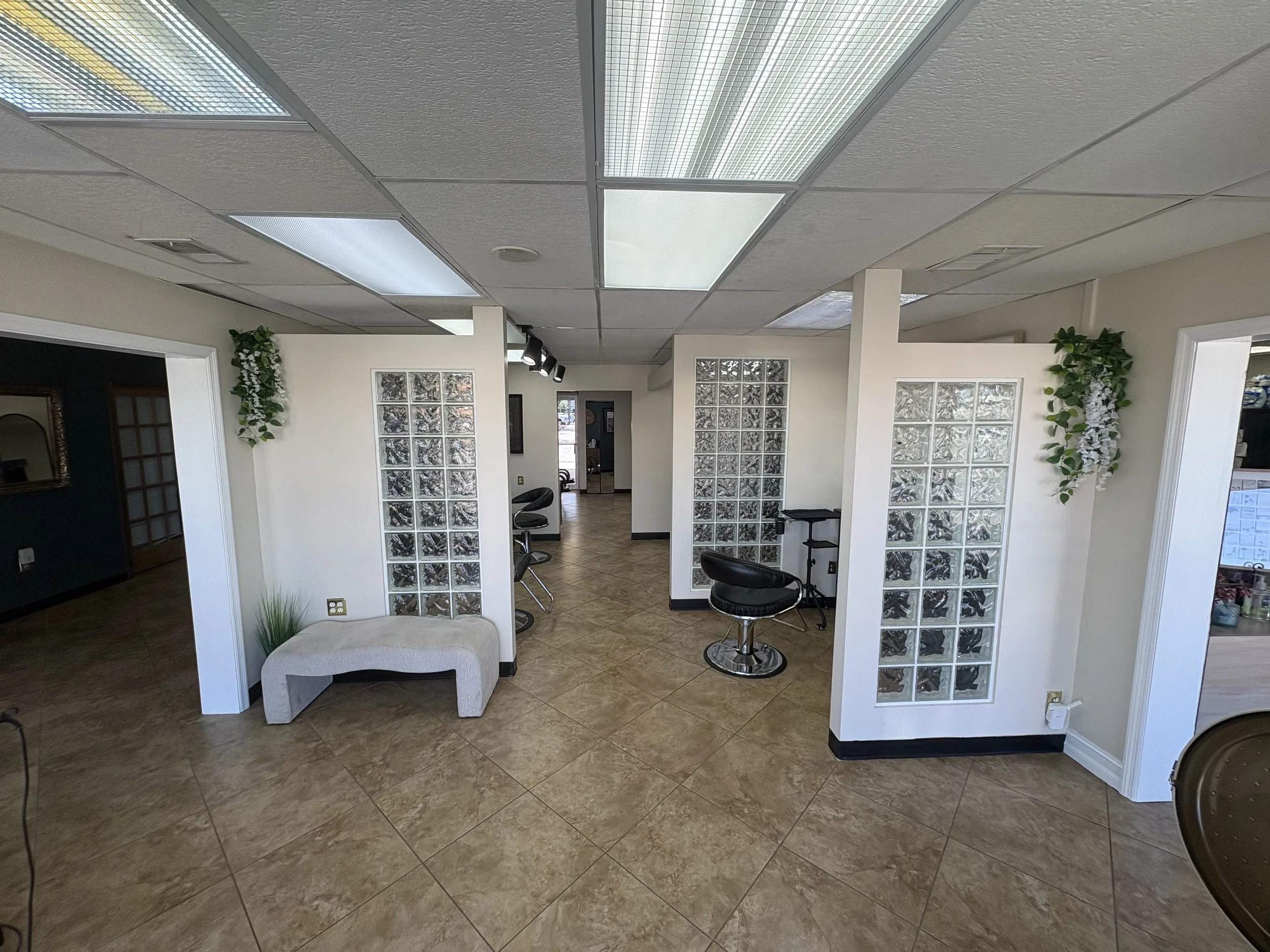 Interior of a hair salon with styling chairs, glass block partitions, and decorative plants.