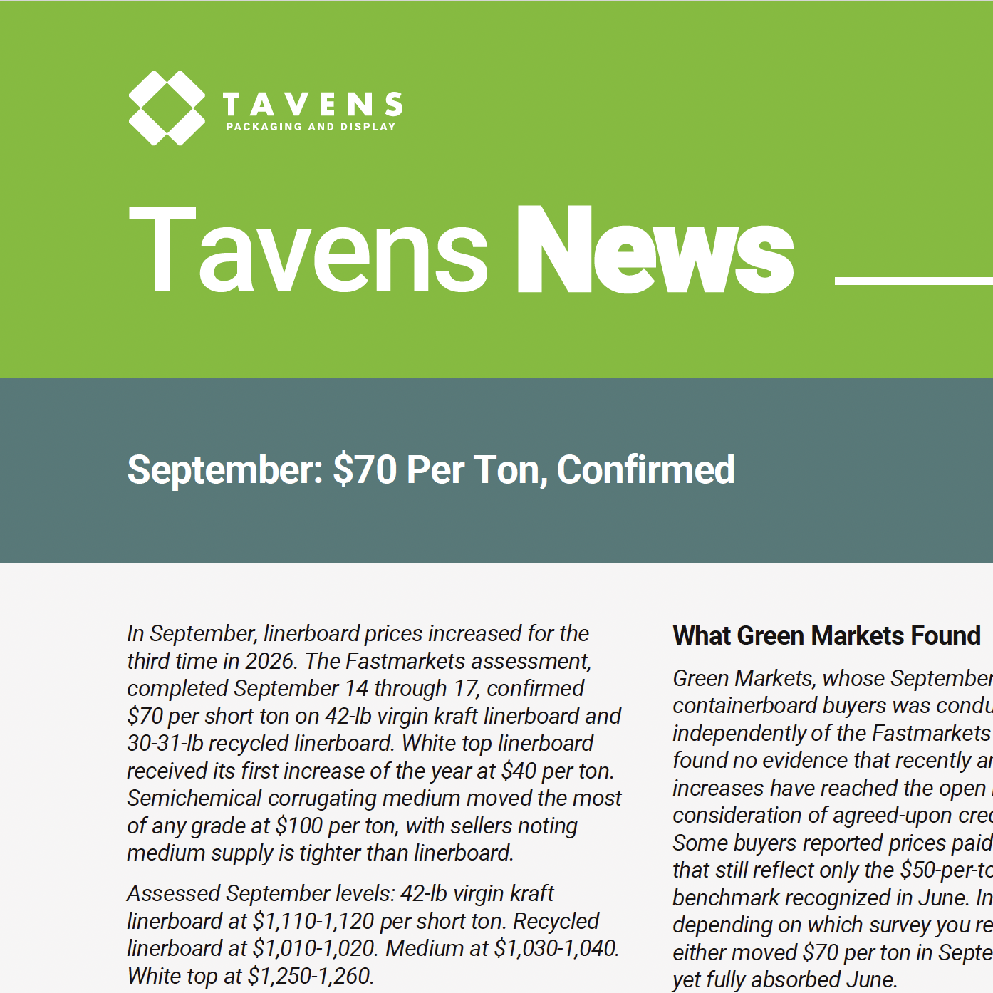 September Tavens Newsletter