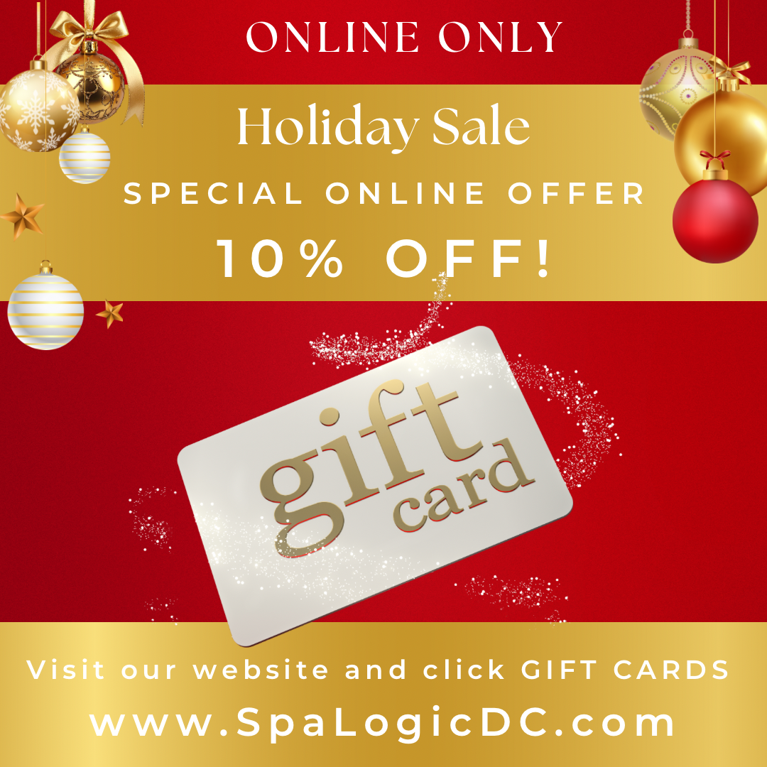 A holiday promotional graphic advertising an online sale with 10% off gift cards. The background is red and gold with Christmas ornaments and gold accents, including a gold gift card at the center. Text includes "ONLINE ONLY Holiday Sale," "SPECIAL ONLINE OFFER 10% OFF!" and a website link to www.SpaLogicDC.com.