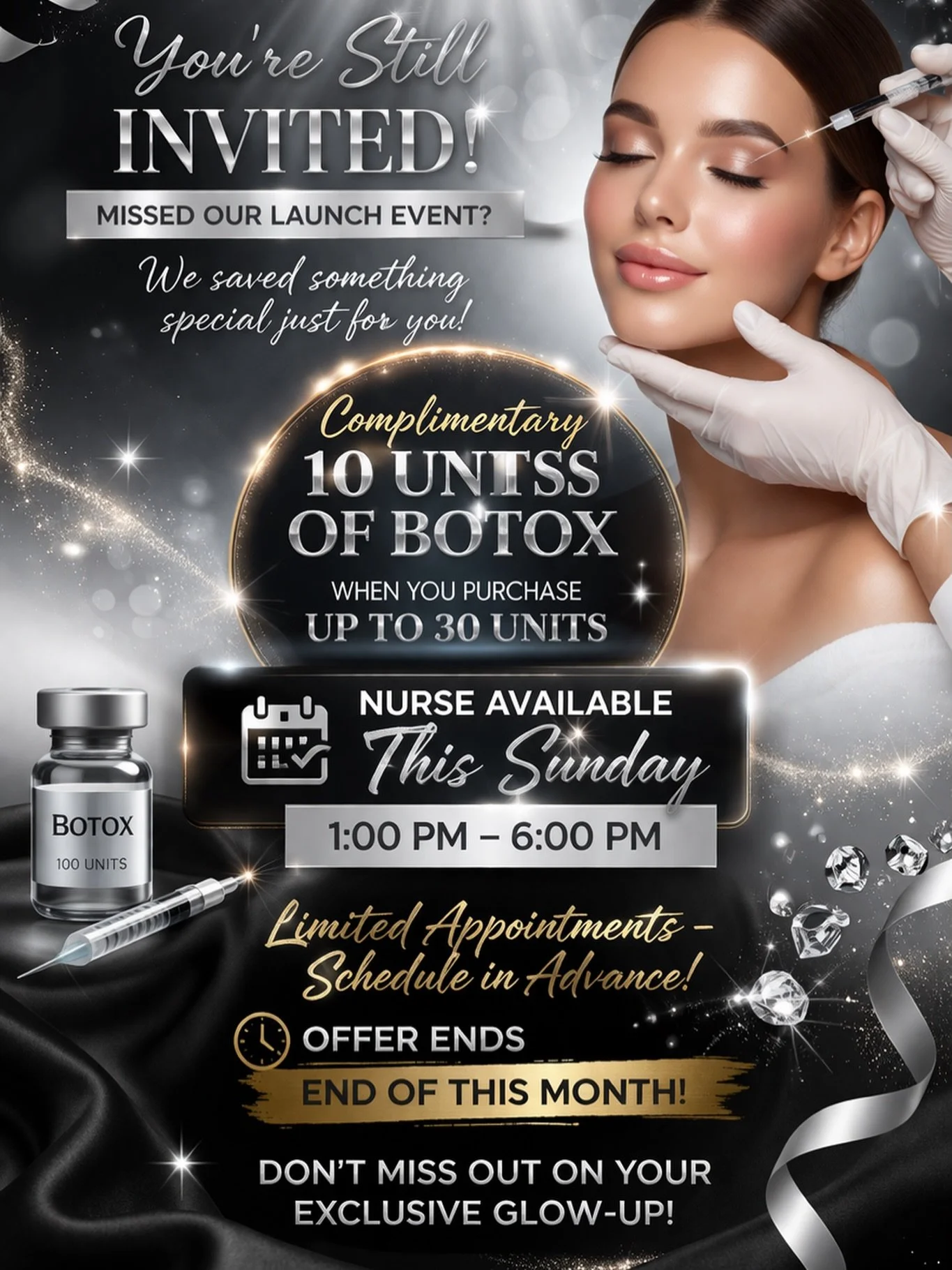 💫 STILL INVITED! 💫
Missed our launch? We&rsquo;ve got your glow-up waiting!

💉 Get 10 FREE units of Botox with a purchase of 30 units
🩺 Nurse on-site to answer all your questions
🗓️This Sunday | 1&ndash;6 PM
⏰ Limited spots&mdash;book NOW before