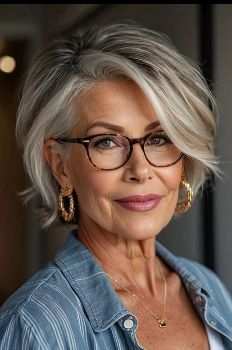 Close-up of a smiling mature woman with short gray hair, wearing glasses, gold earrings, and a blue striped shirt.
