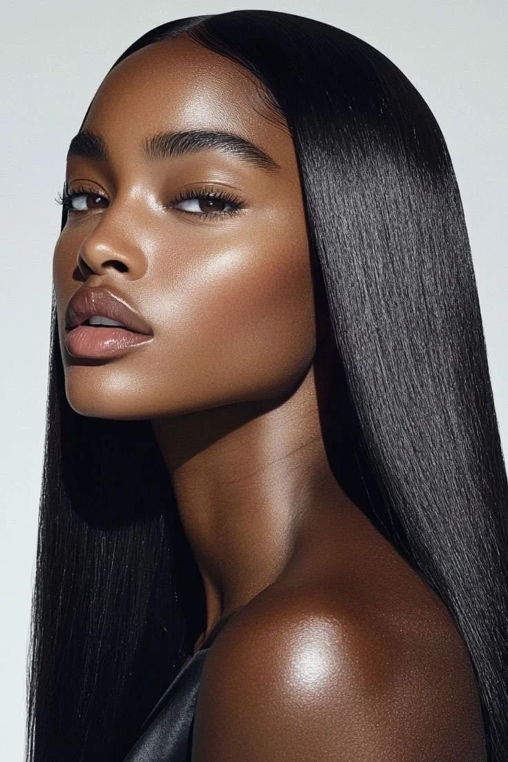 Close-up portrait of a woman with long, straight black hair, smooth skin, and neutral makeup.