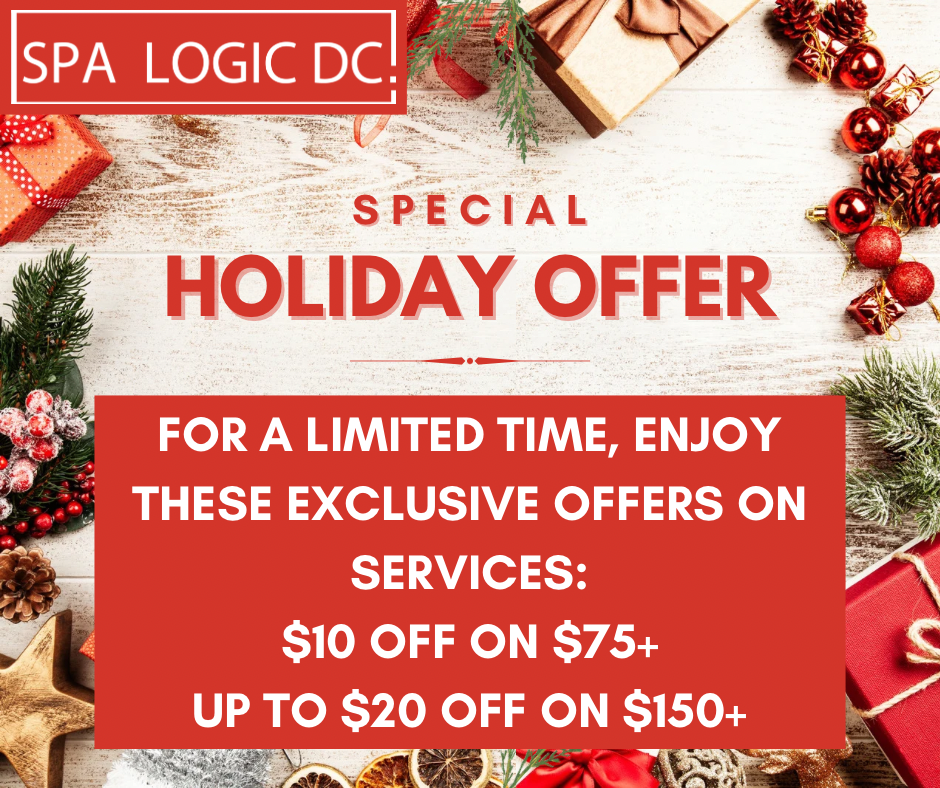Holiday promotional poster from Spa Logic DC with a Christmas-themed background of wrapped gifts, pinecones, ornaments, and greenery, advertising a limited time special holiday offer on services with discounts.