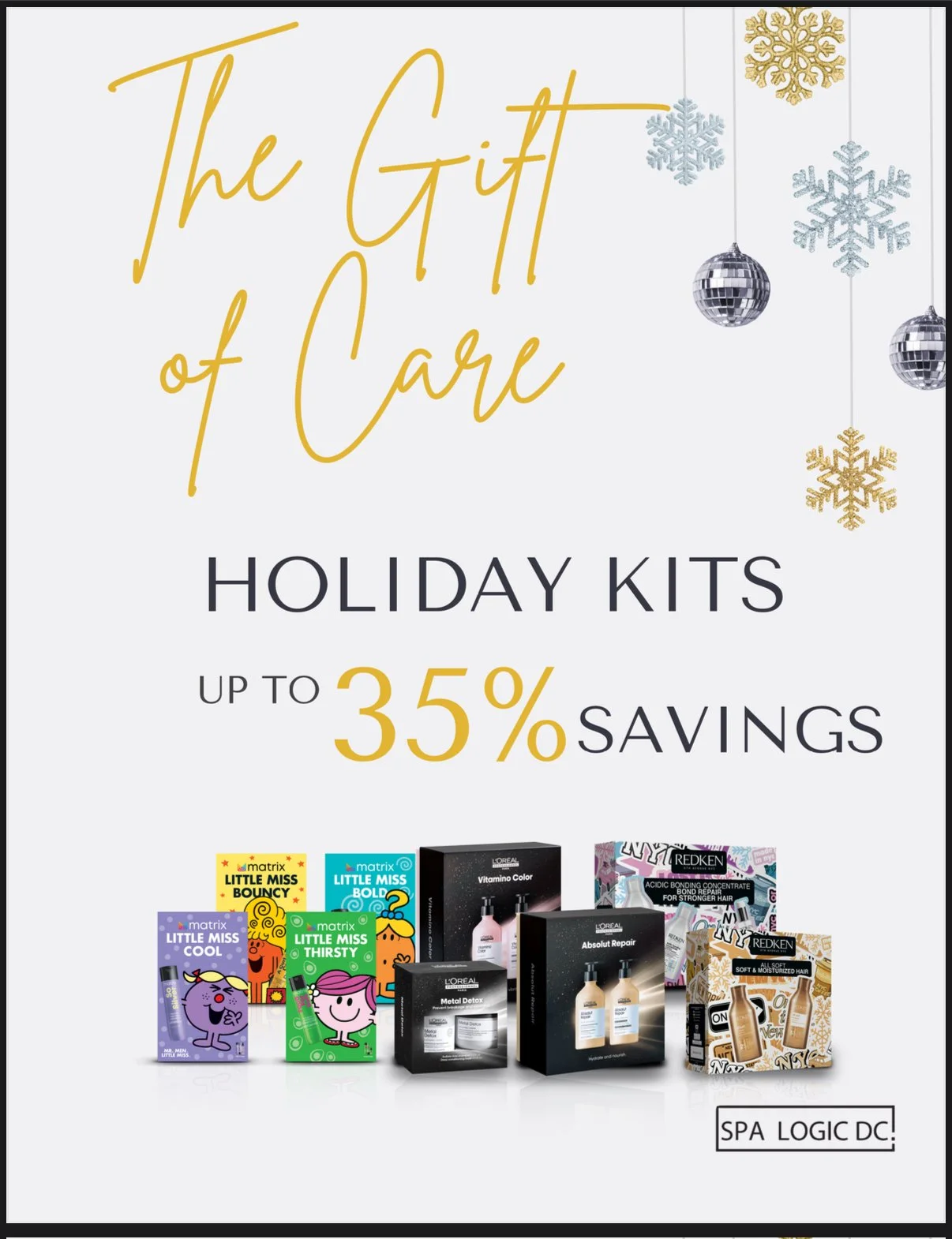 Advertisement for holiday gift sets with up to 35% savings, featuring various skincare and haircare products, with hanging ornaments and snowflakes in the background.