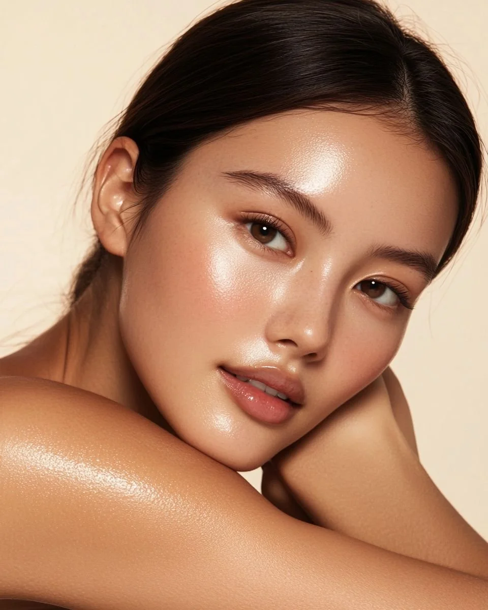 Close-up of a woman with shiny, glowing skin and natural makeup, gently resting her arm on her shoulder against a neutral background.