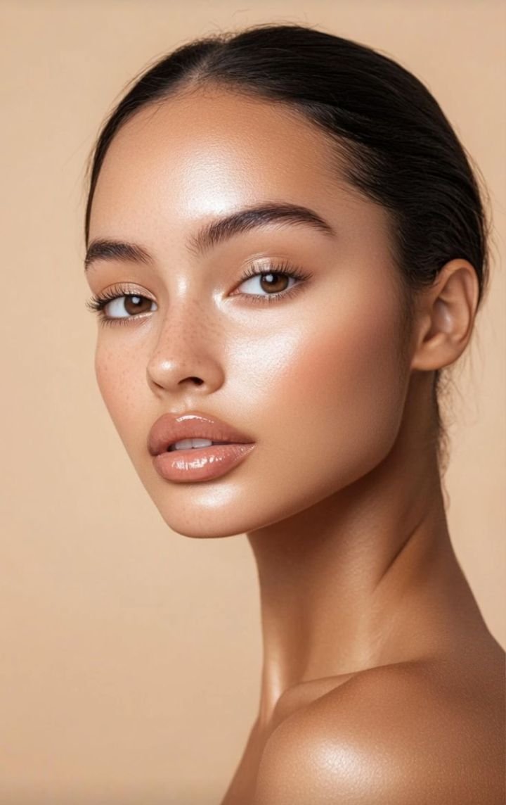 Close-up portrait of a woman with flawless skin, light makeup, brown eyes, and dark hair pulled back, against a beige background.