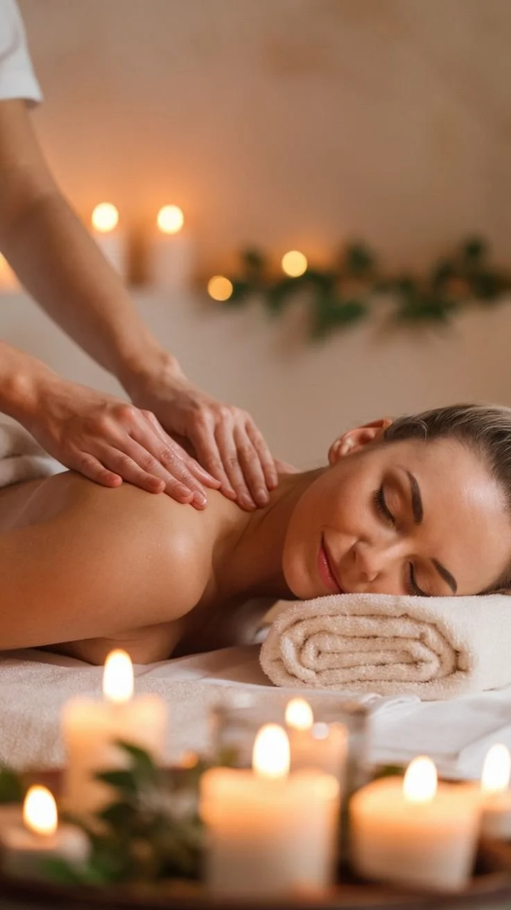 A woman receives a back massage in a candlelit spa setting with a towel under her head and candles in the foreground.