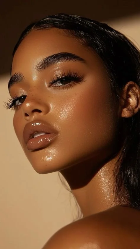 Close-up of a woman with glowing skin, dark hair, and makeup highlighting her eyes and lips.