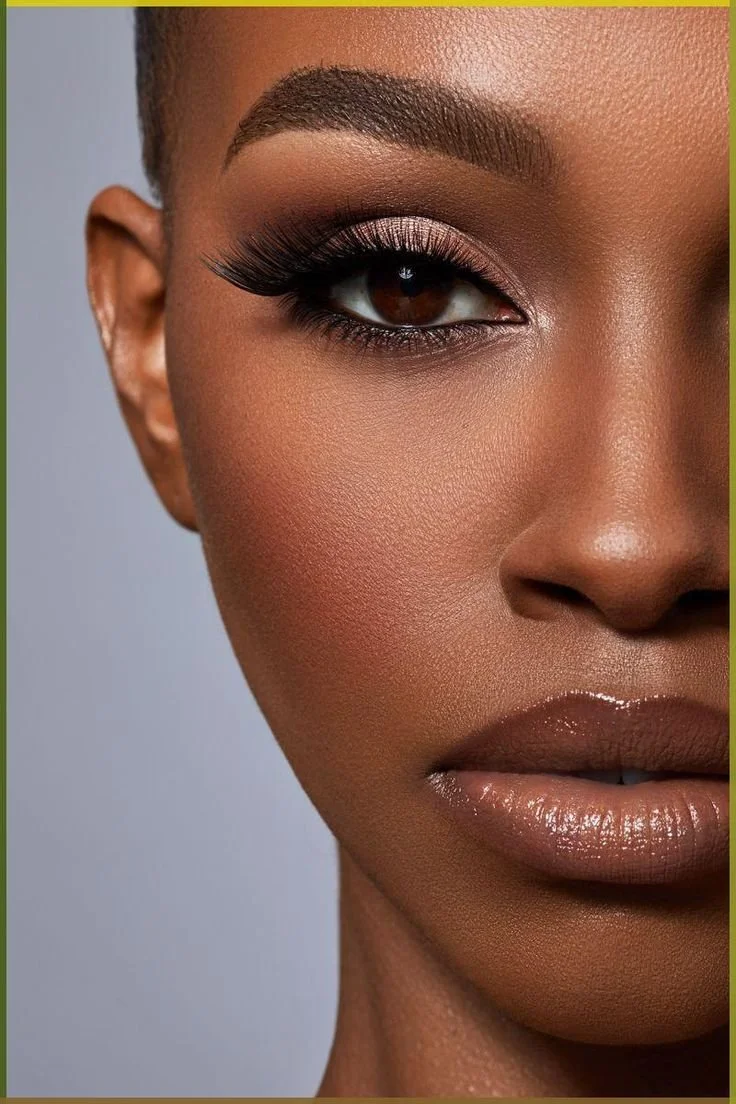 Close-up of a woman's face showing eye makeup, eyebrows, and lips with glossy lipstick