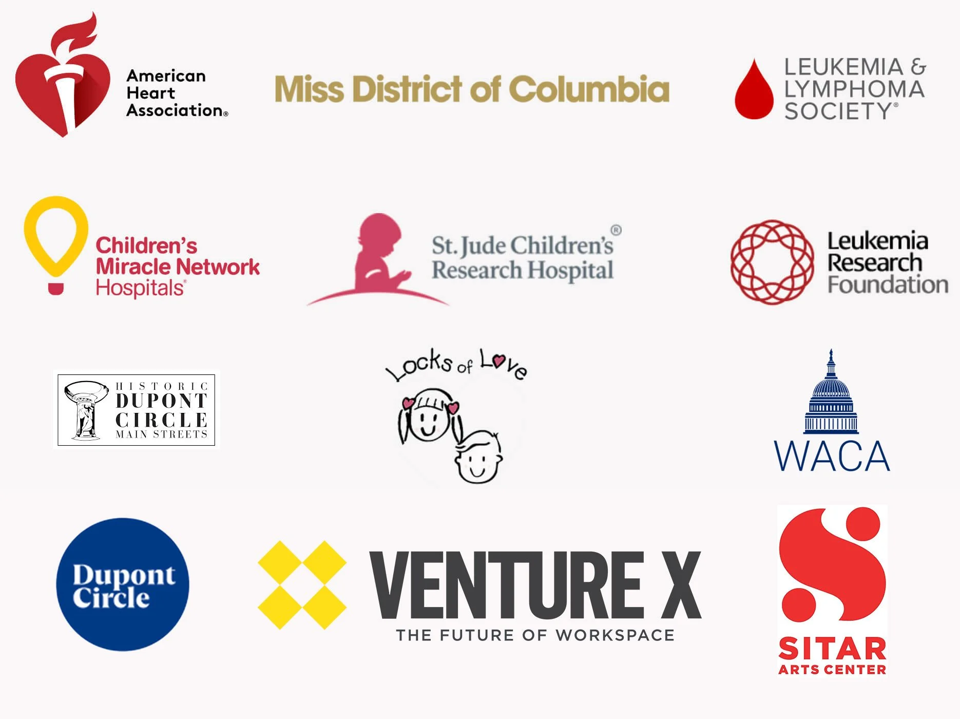 Collection of logos from organizations including American Heart Association, Leukemia & Lymphoma Society, Children's Miracle Network Hospitals, St. Jude Children's Research Hospital, Leukemia Research Foundation, Historic Dupont Circle Main Streets, WACA, WASHINGTON ART CENTER, DUPONT CIRCLE, VENTURE X, and Sitar Arts Center, featuring various symbols and graphics.
