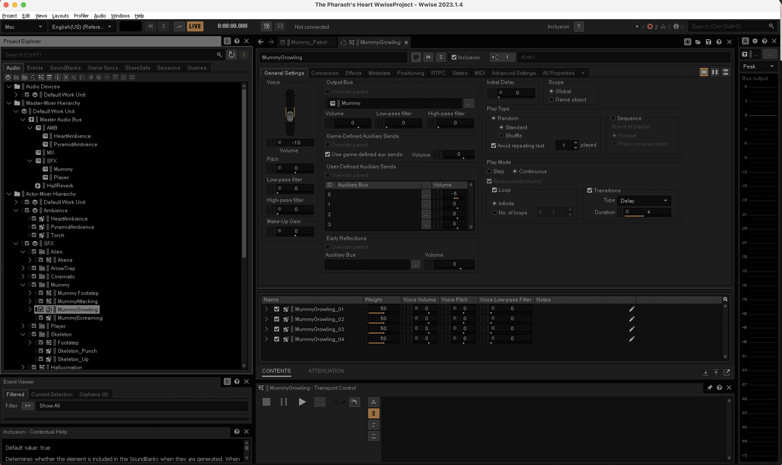Screenshot of music production software showing various audio tracks, effects, and settings with a focus on a 'MummyGrowling' sound.