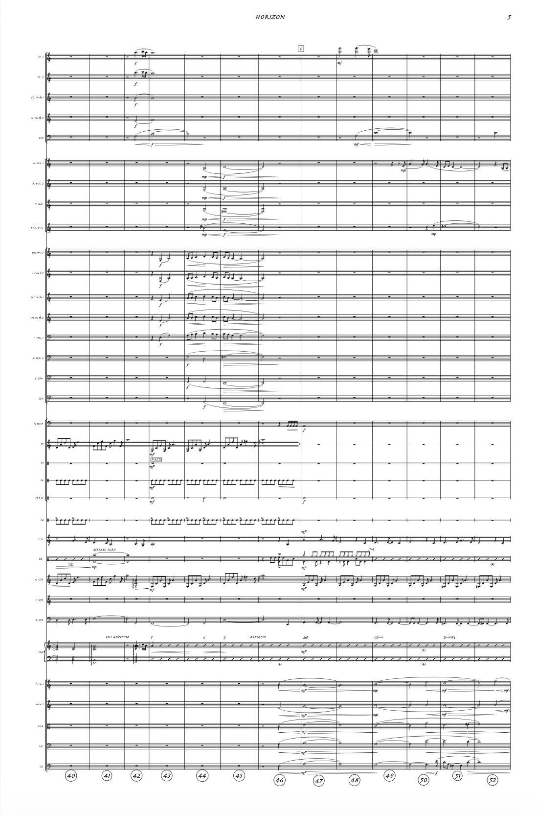 Sheet music titled 'HORIZON' with musical notes and annotations for various instruments.