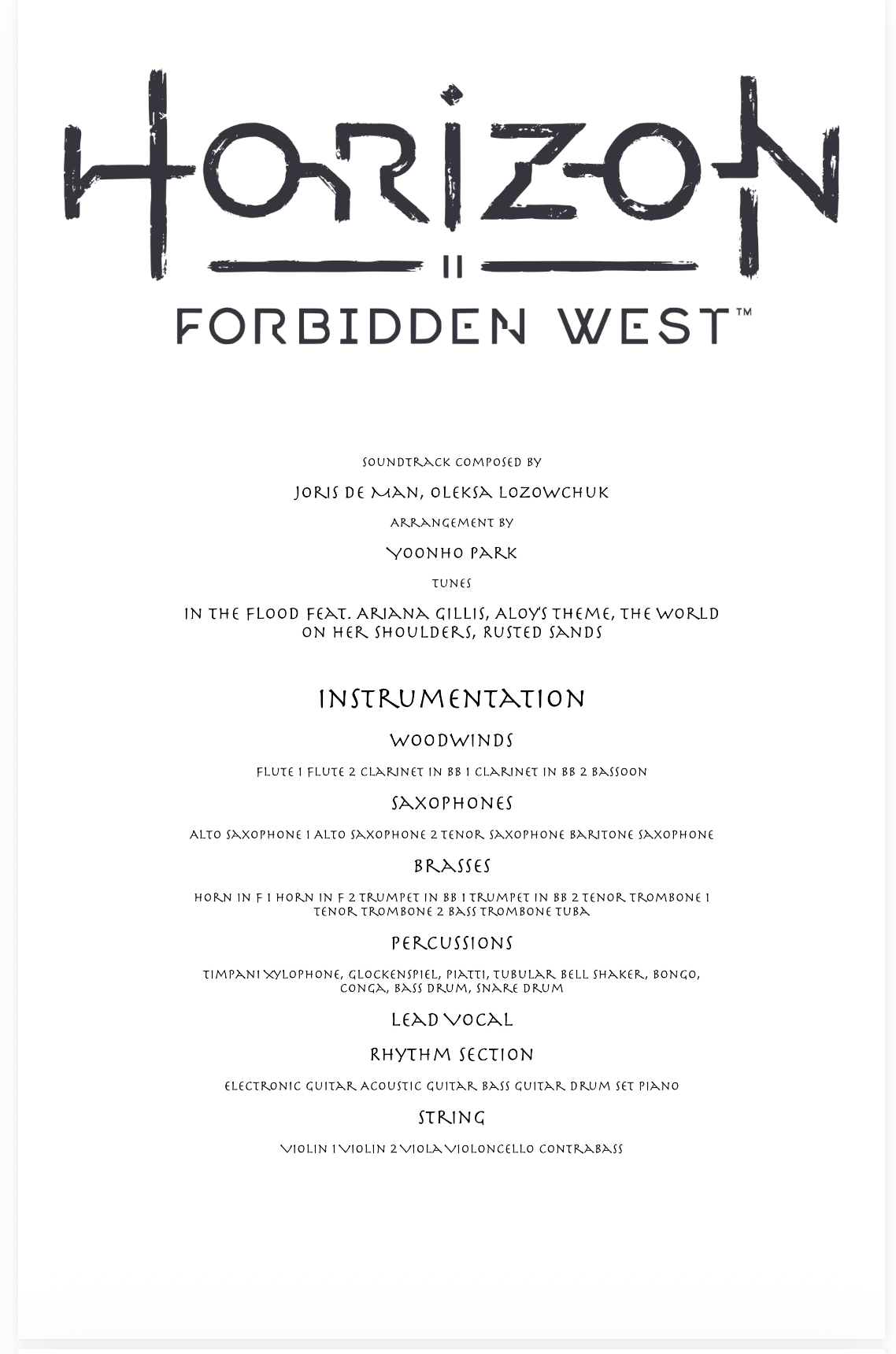 Horizon Forbidden West soundtrack cover with song credits and instrumentation details.