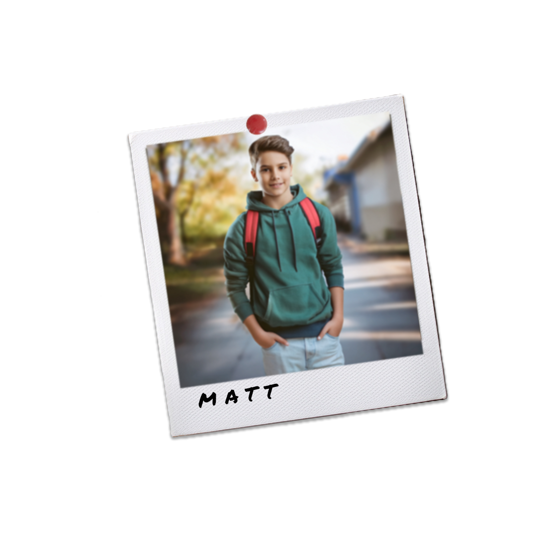 A young boy standing outdoors on a sidewalk, wearing a teal hoodie and red backpack, with his hands in his pockets, smiling at the camera, with trees and a house in the background. The photo has a white border with the name "MATT" written at the bottom.