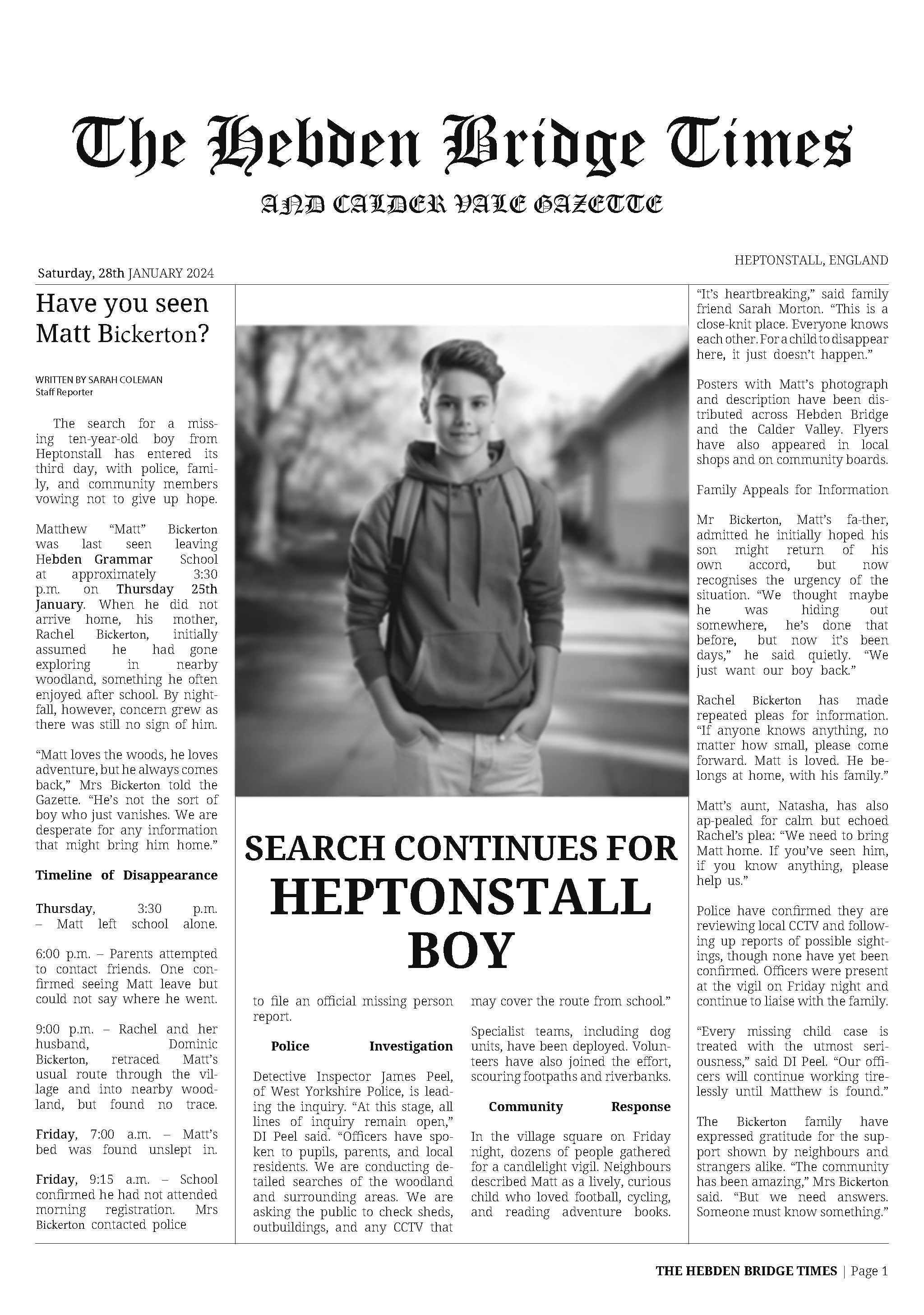 A newspaper front page titled 'The Hebden Bridge Times and Calder Vale Gazette' with a black-and-white photo of a young boy with a backpack, smiling outdoors, in the center. The headline reads 'SEARCH CONTINUES FOR HEPTONSTALL BOY.' The article discusses the ongoing search for a missing boy named Matt Bickerton in Hebden Bridge.