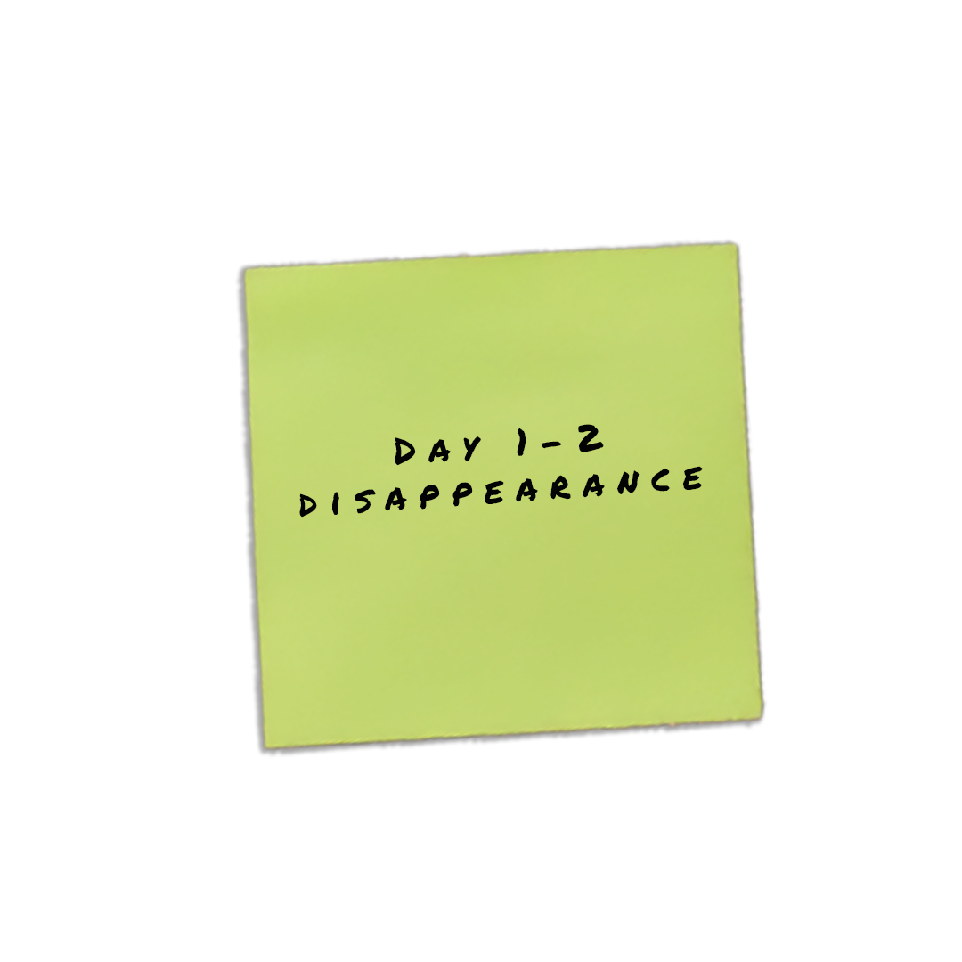 A yellow sticky note with handwritten text that reads 'Day 1-2 disappearance' against a black background.