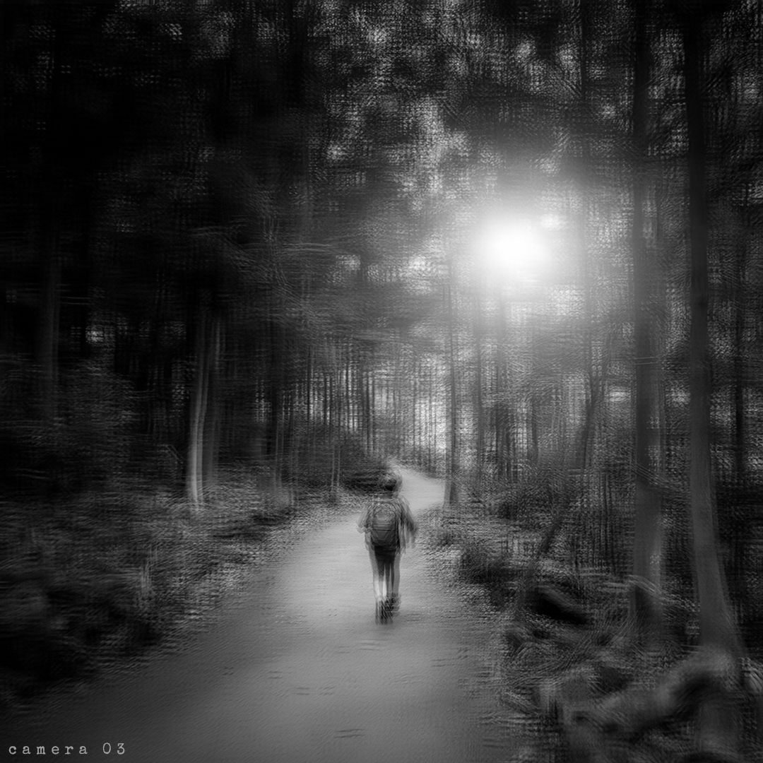 A person with a backpack walking along a paved forest trail with trees on both sides. The sun is shining through the trees, creating a bright spot in the distance. The photo is in black and white.