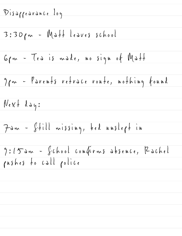 A handwritten page titled 'Disappearance log' listing times and events related to a missing person named Matt, including notes about parents' search and school confirmation of absence.